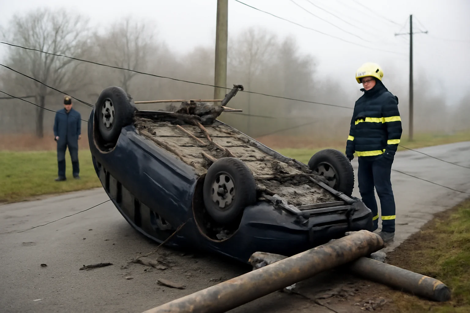 Accident grav dimineața: mașină răsturnată, stâlp doborât