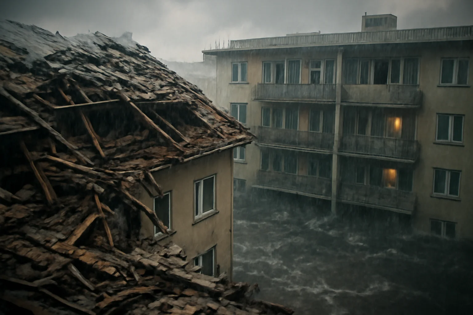 Acoperișul unui bloc distrus și apartamente inundate de furtuna violentă