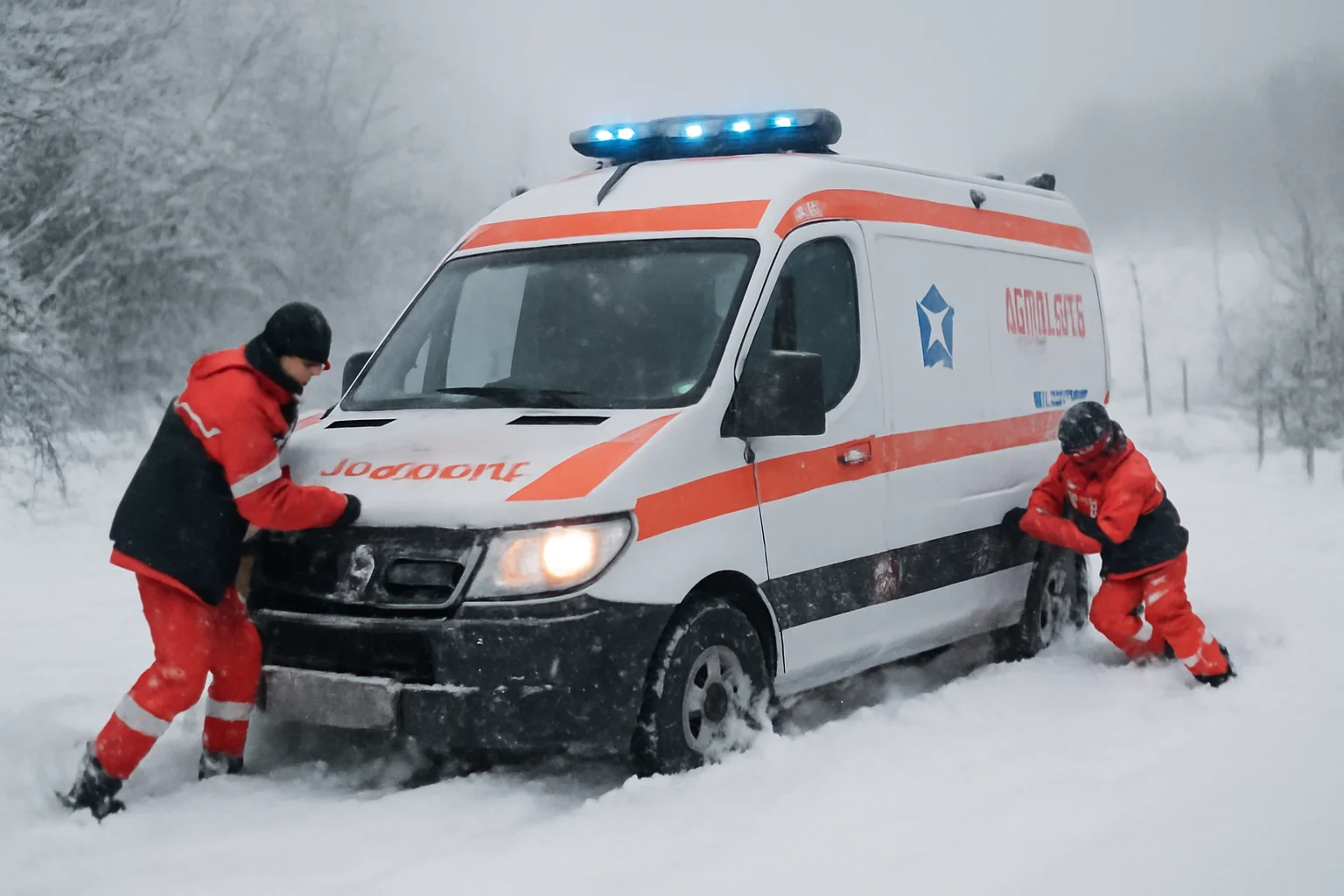 Ambulanță blocată în zăpadă în timpul unei misiuni la o lehuză, în județul Iași