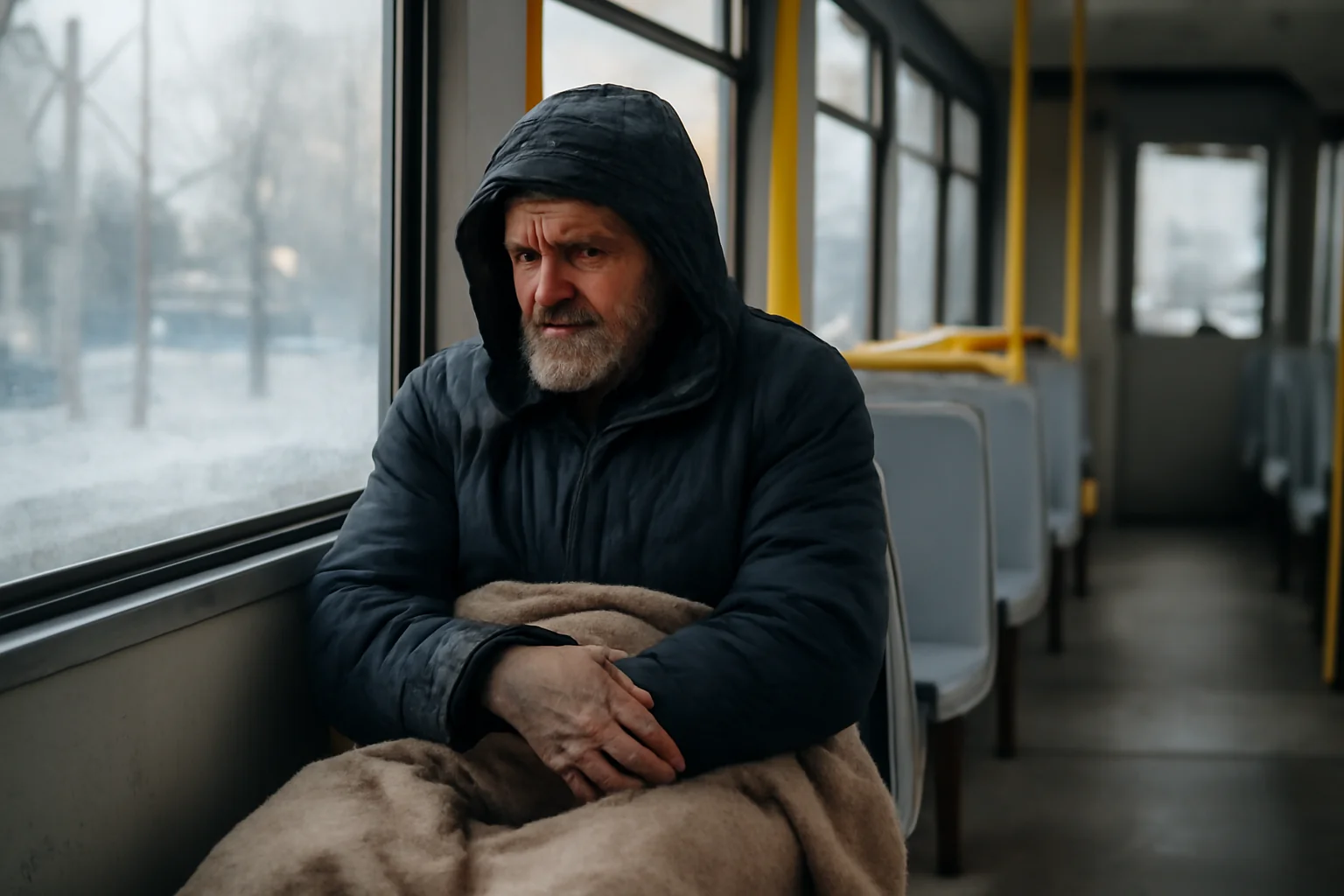 Bărbat fără adăpost surprins într-un tramvai din Iași, folosit ca adăpost pe timp de ger