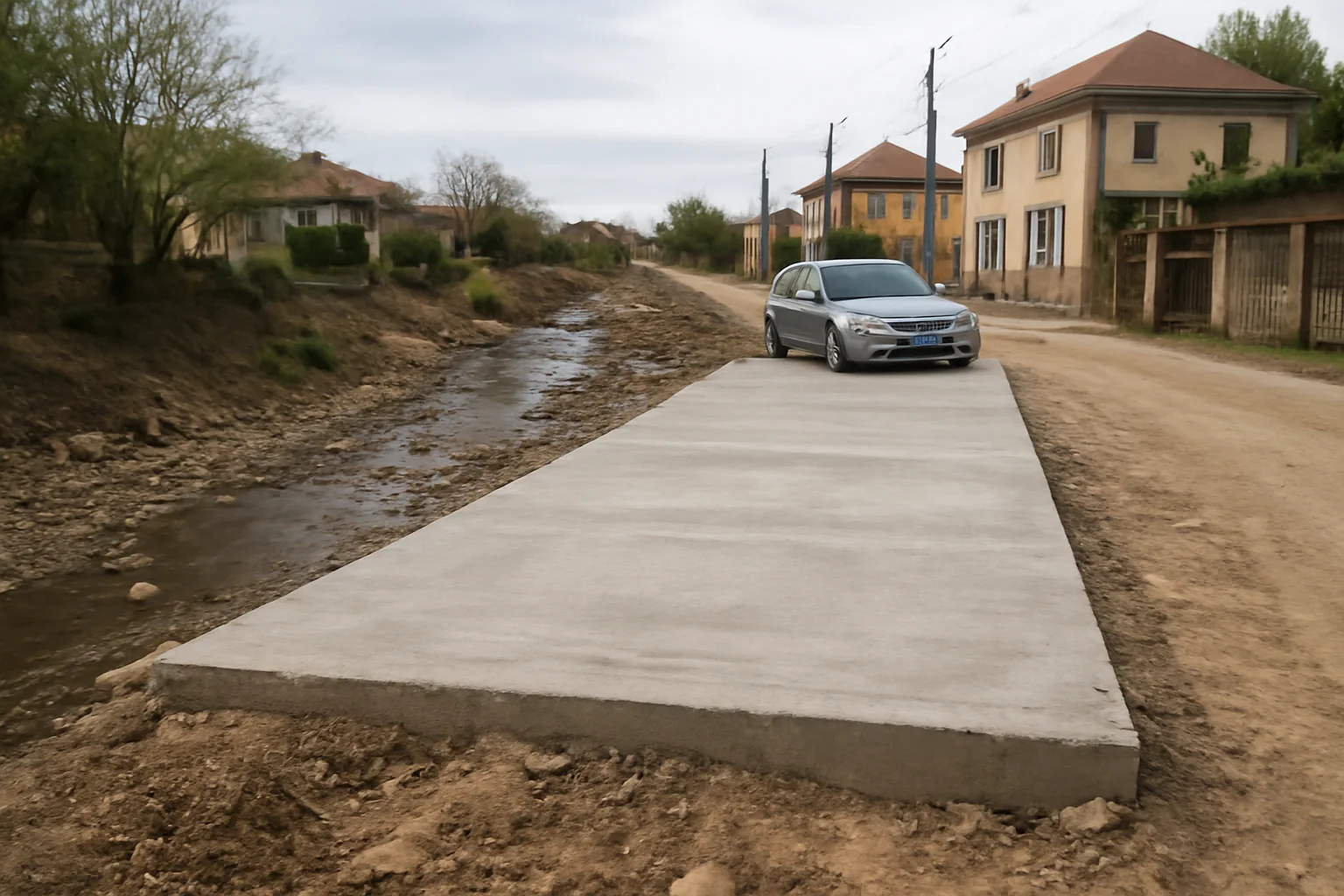 Localnicii din oraș își construiesc parcare ilegală pe albia râului cu beton, ignorând restricțiile legale și extinzând strada cu 2 metri.