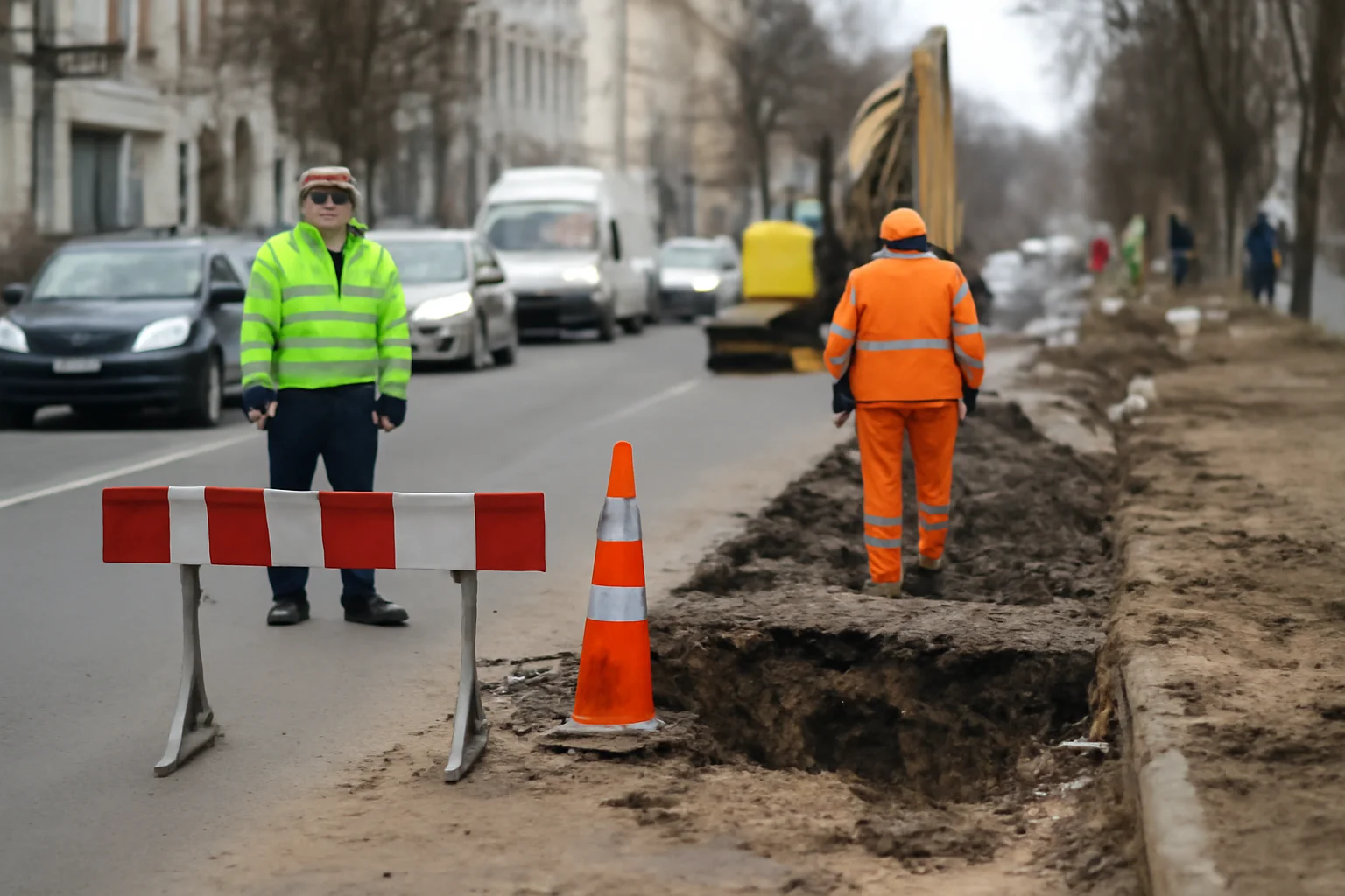 o bandă de circulație închisă și trafic îngreunat