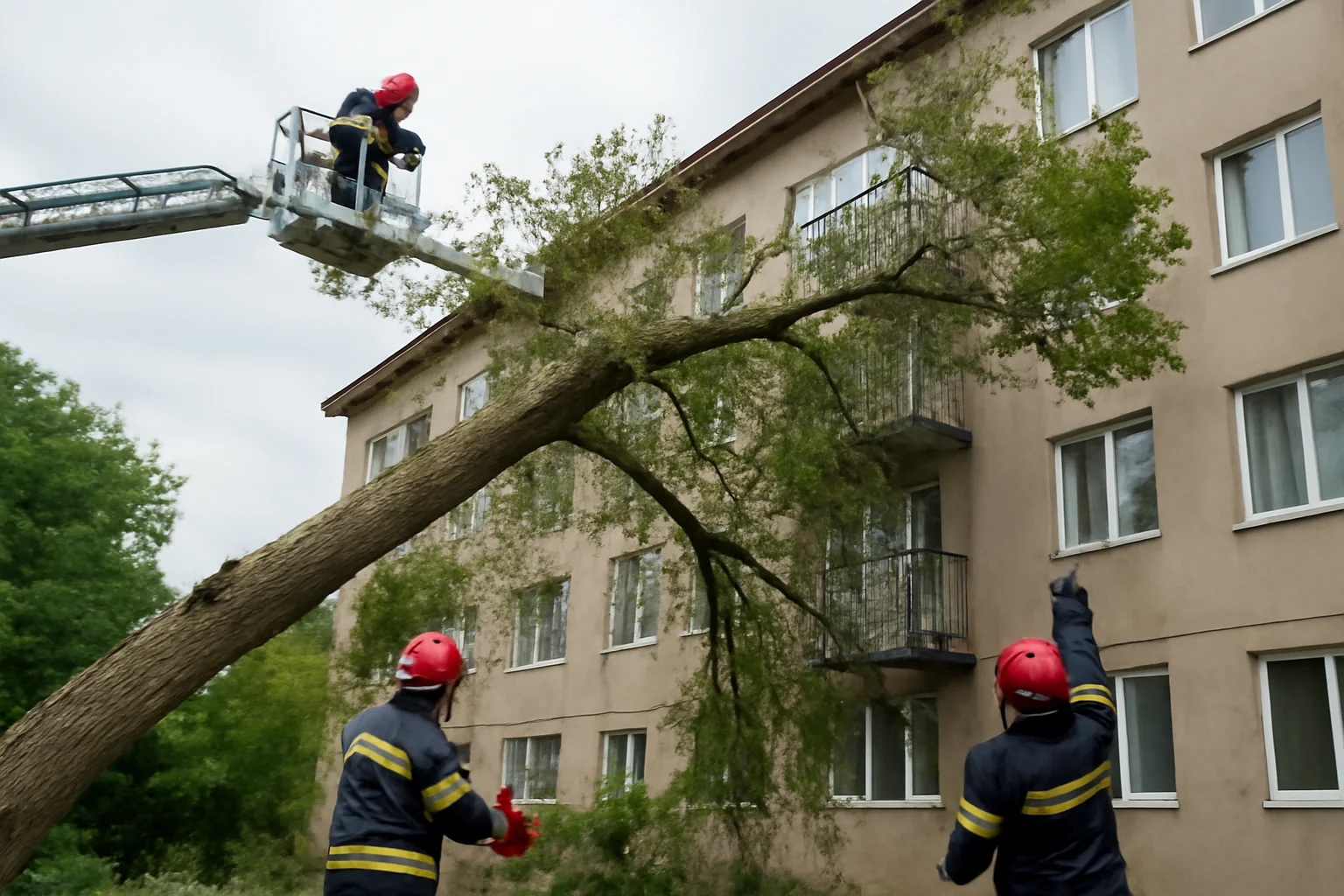 Pompierii în acțiune pentru a înlătura un copac sprijinit pe un bloc de locuințe