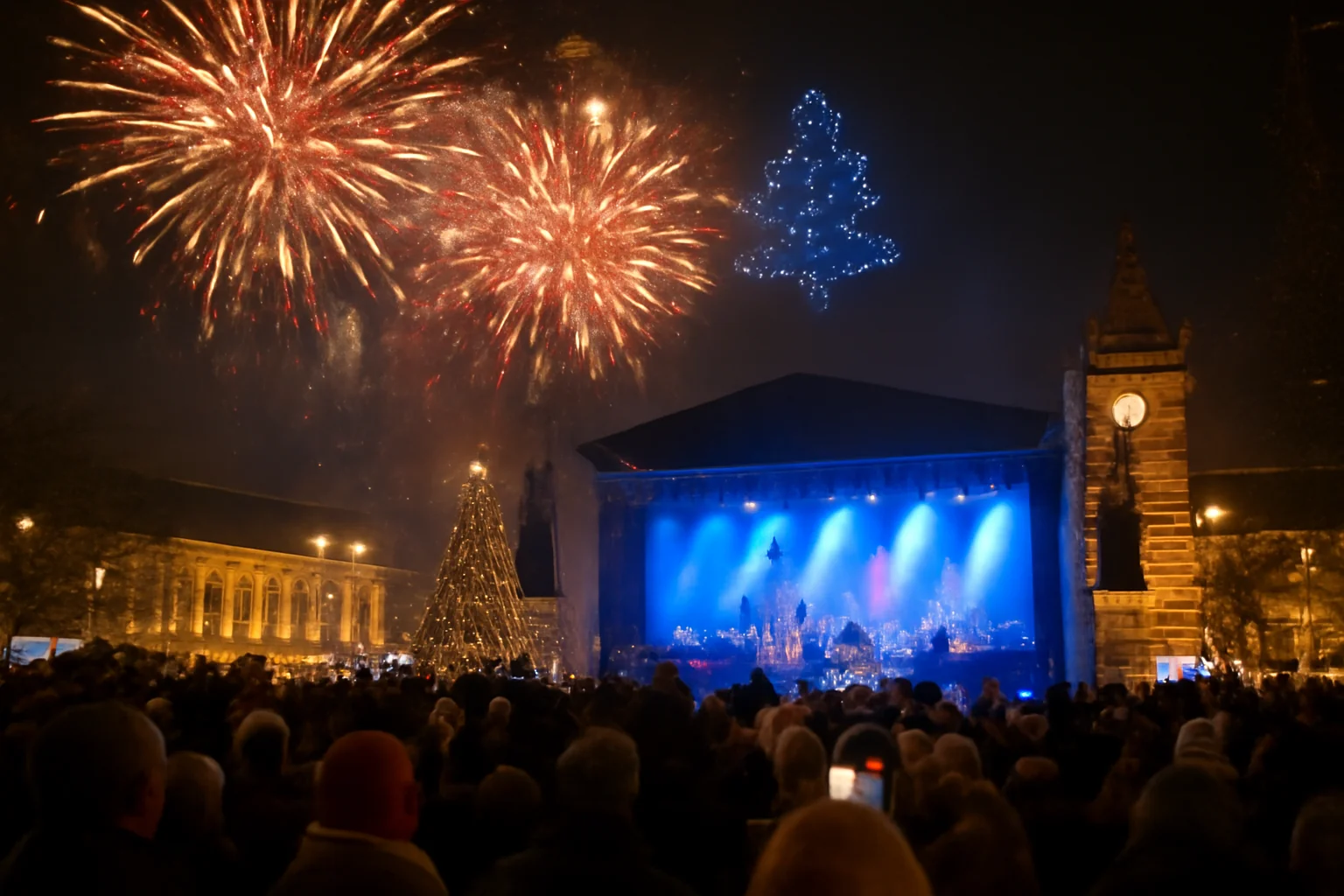 spectacol cu muzică live, drone și focuri de artificii în centrul orașului