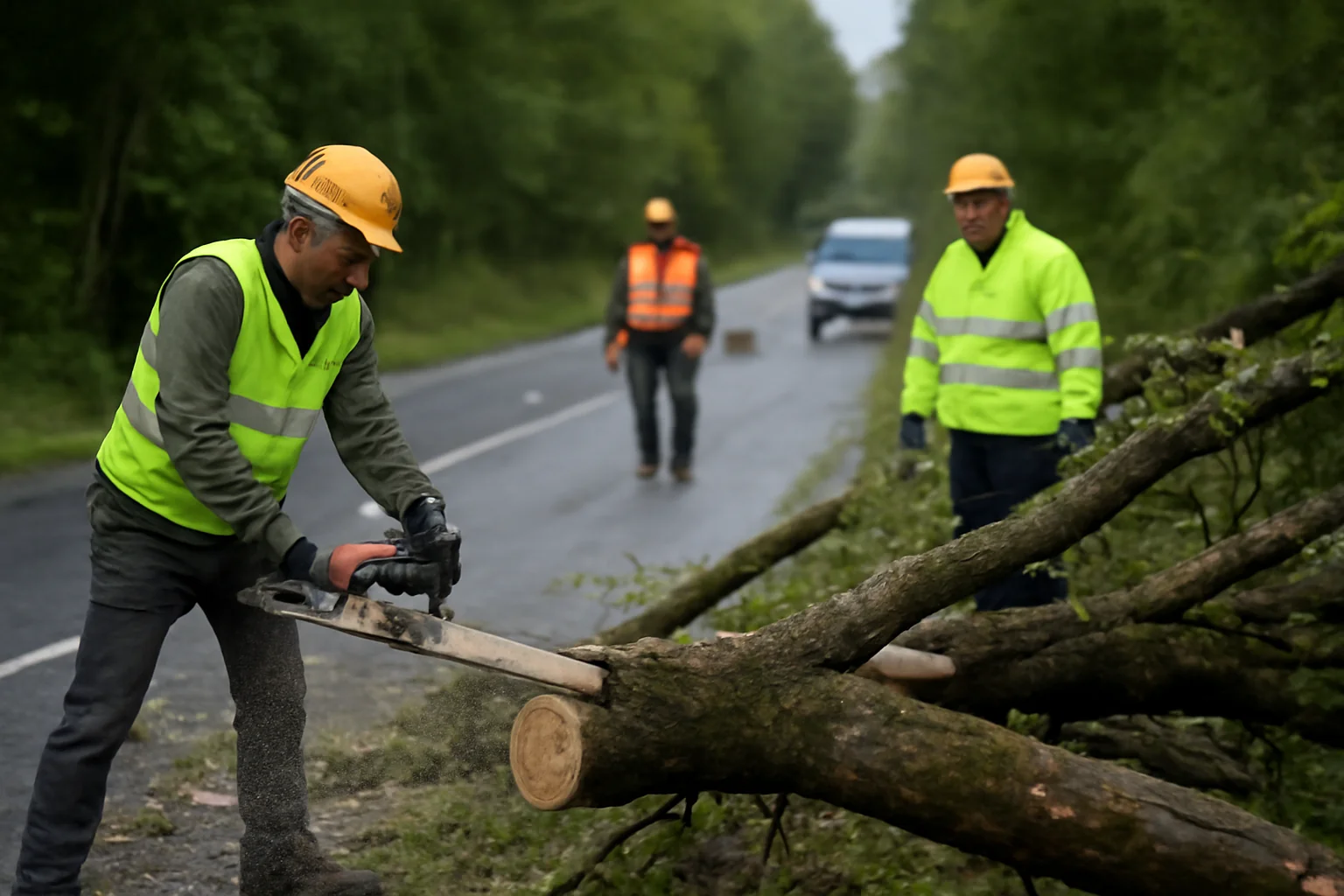 Trafic blocat pe DN 24, Poieni – Păun, Iași, pentru îndepărtarea copacilor cu risc